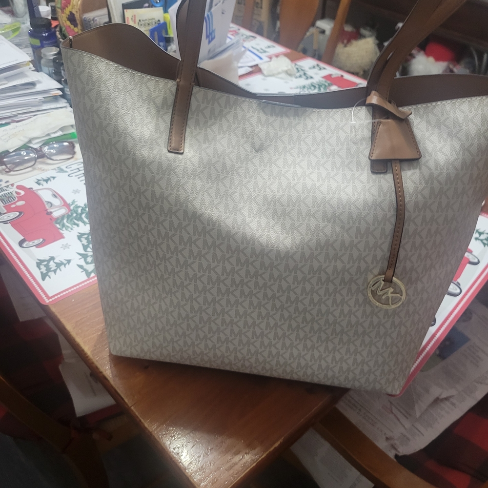 Michael Kors White and Brown Signature Haley Tote Bag NWT